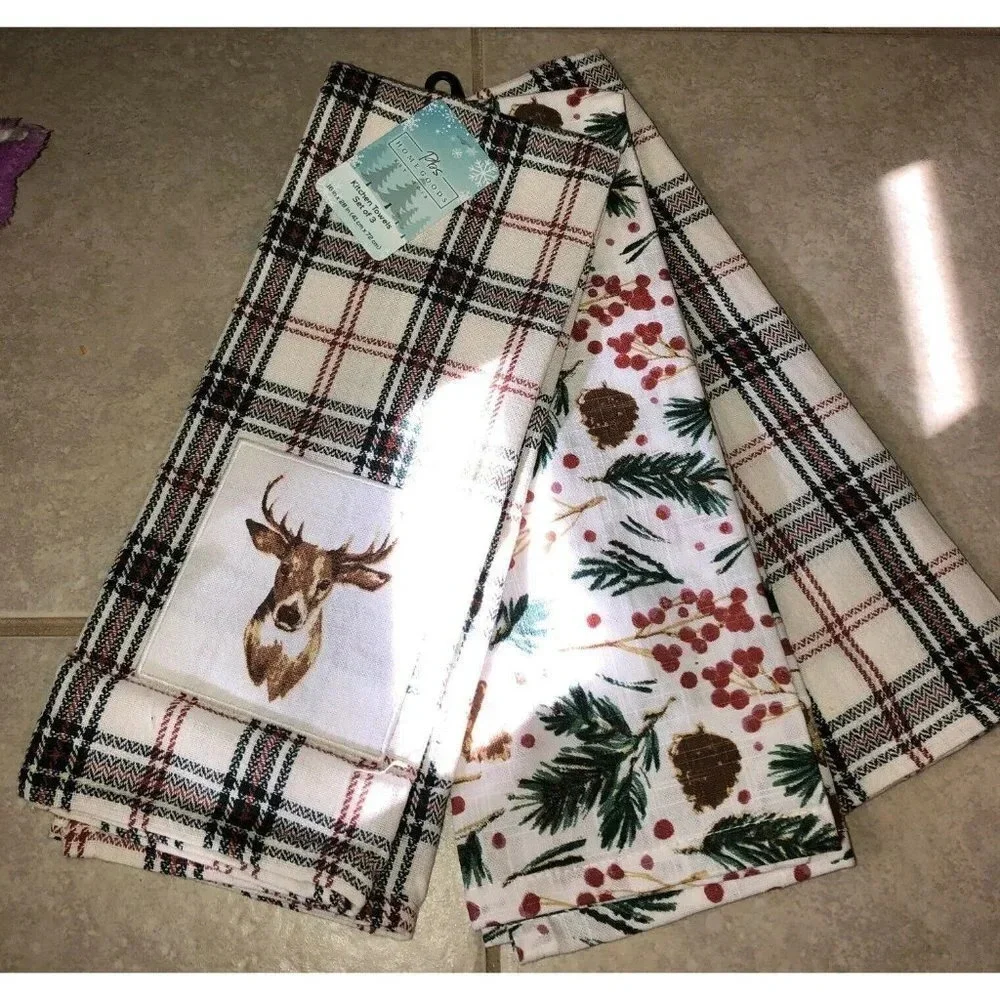 NWT Set Of 3‎ Kitchen Towels Holiday Buck Deer 16” X 28”
